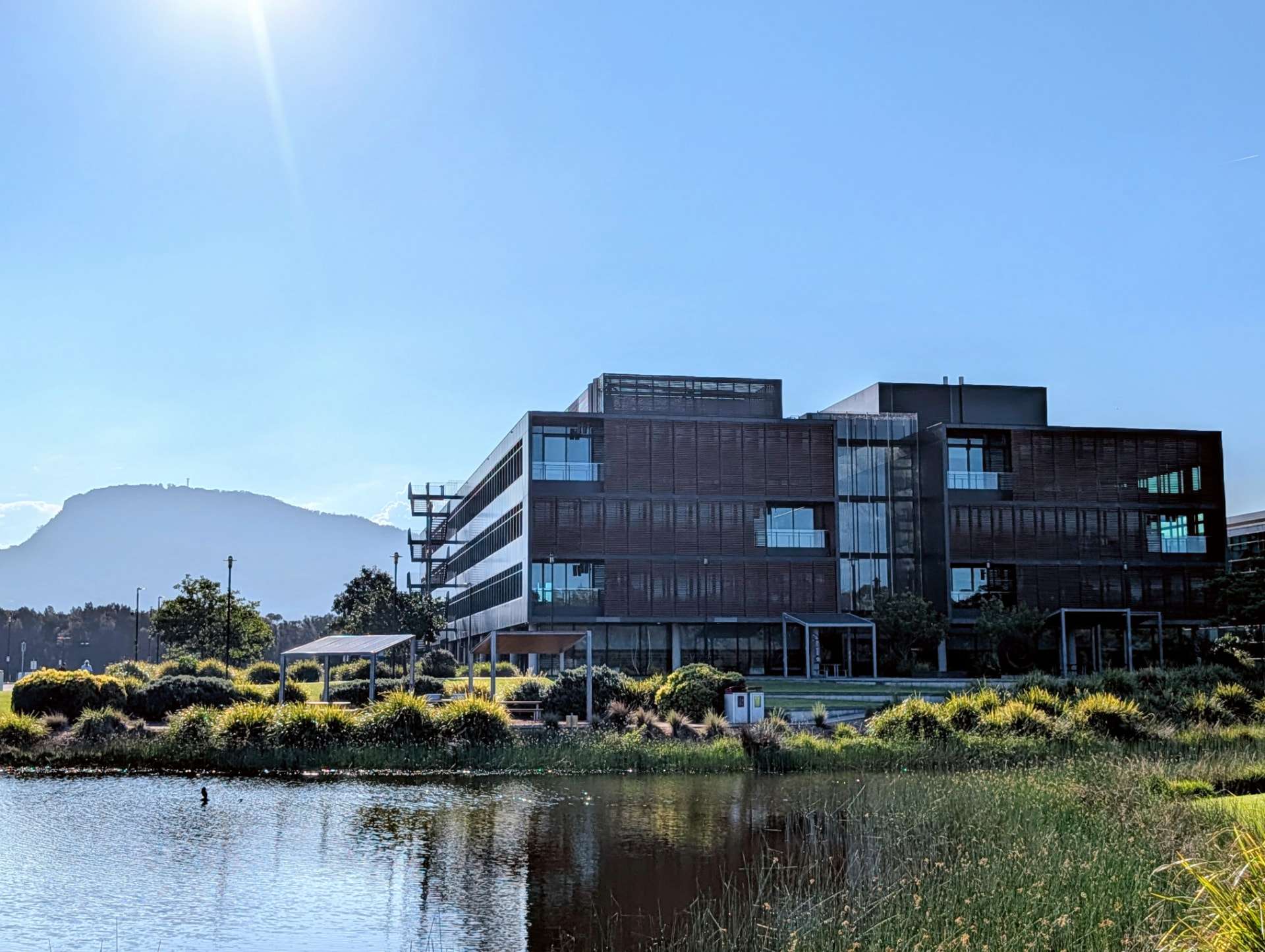 The Innovation Campus in North Wollongong where Your Home Visa is based, with a wetland pond and the escarpment behind